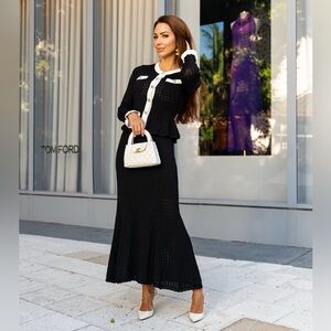 Elegant Black Knit Skirt & cardigan Set